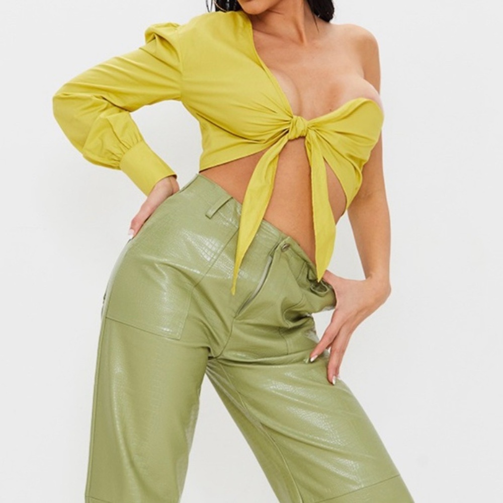 Lime Woven Tie Front One Shoulder Crop Top